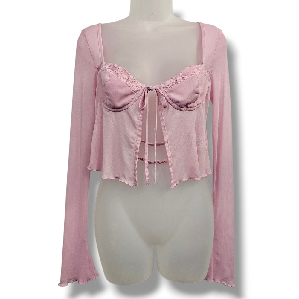 Princess Polly Mesh Top 4 Pink Bustier Lace Tie Front Coquette Softgirl Fairy